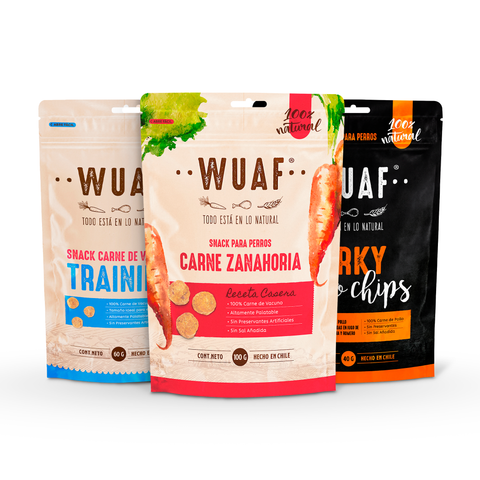 Pack DEGUSTACIÓN 3un. Carne Zanahoria, Jerky Chip Pollo y Adiestramiento