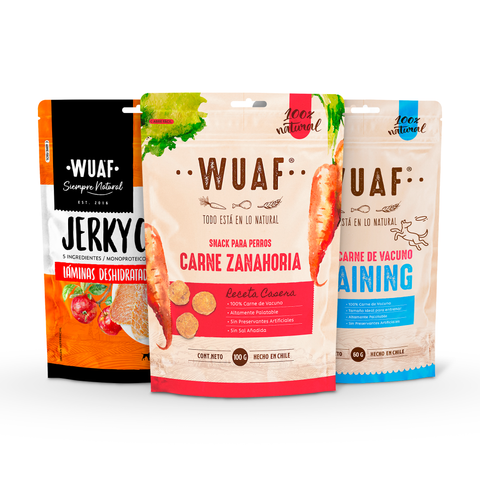 Starter Kit 3un. Carne Zanahoria, Jerky Chip Pollo y Adiestramiento